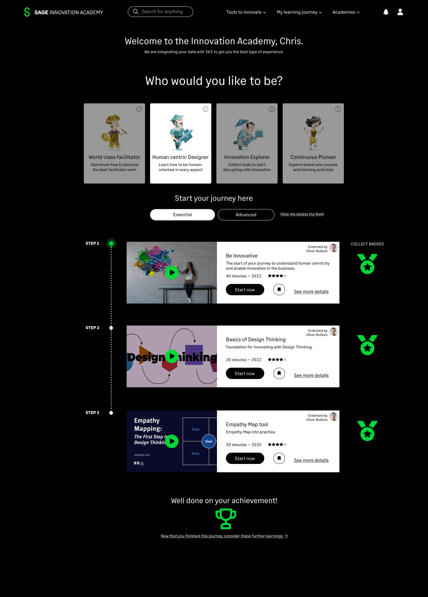 Learning persona selection and step-by-step journey prototype